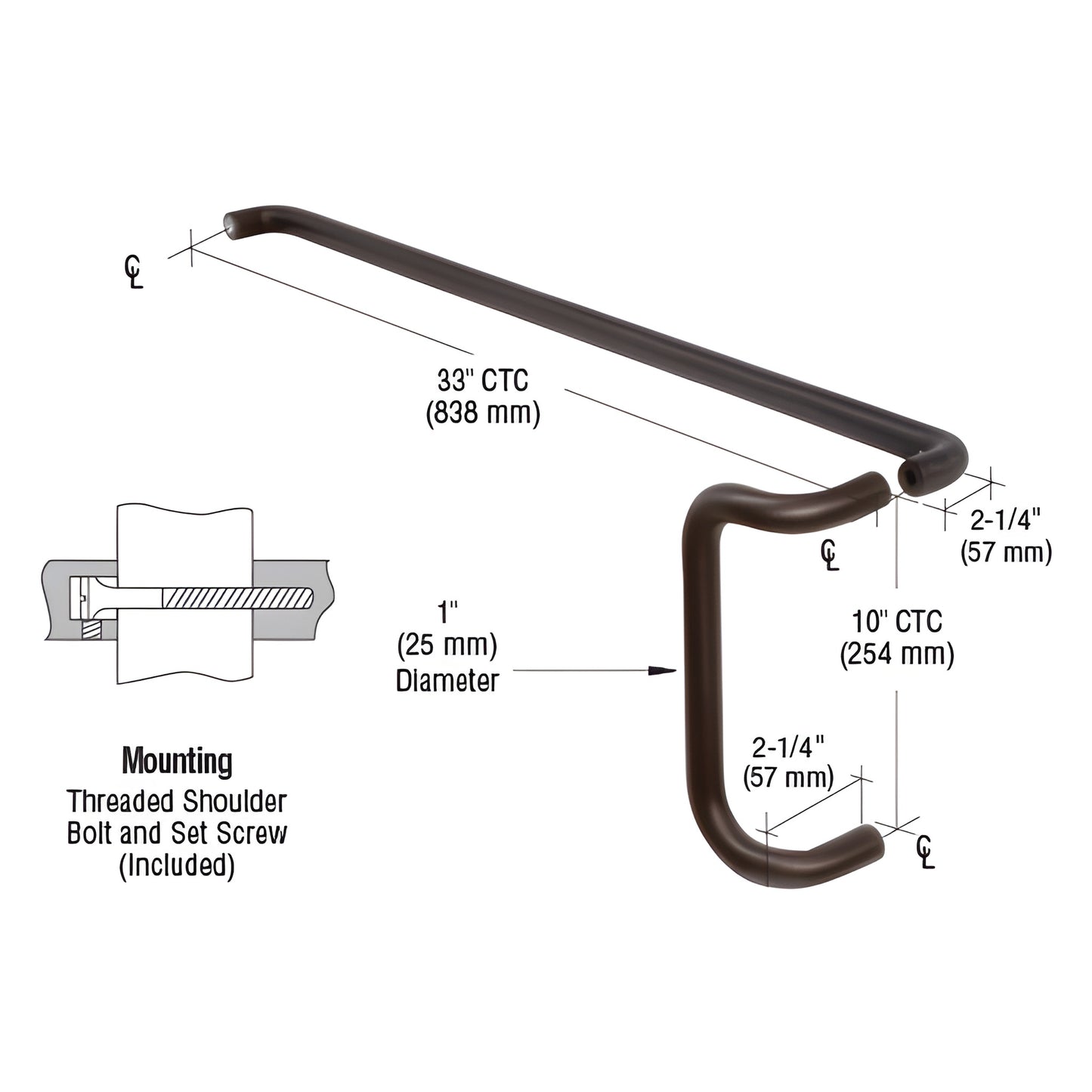 M10X3310B dark bronze 1" aluminum push bar (33" CTC) and pull handle (10" CTC) set for 36" narrow stile doors.