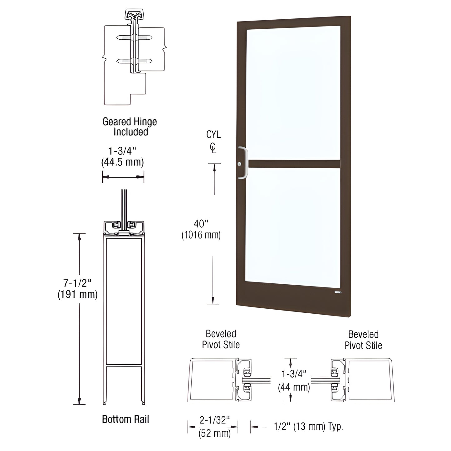 HZ21822 Black Bronze anodized narrow-stile commercial entrance door with glass, 2" stiles and 7.5" bottom rail