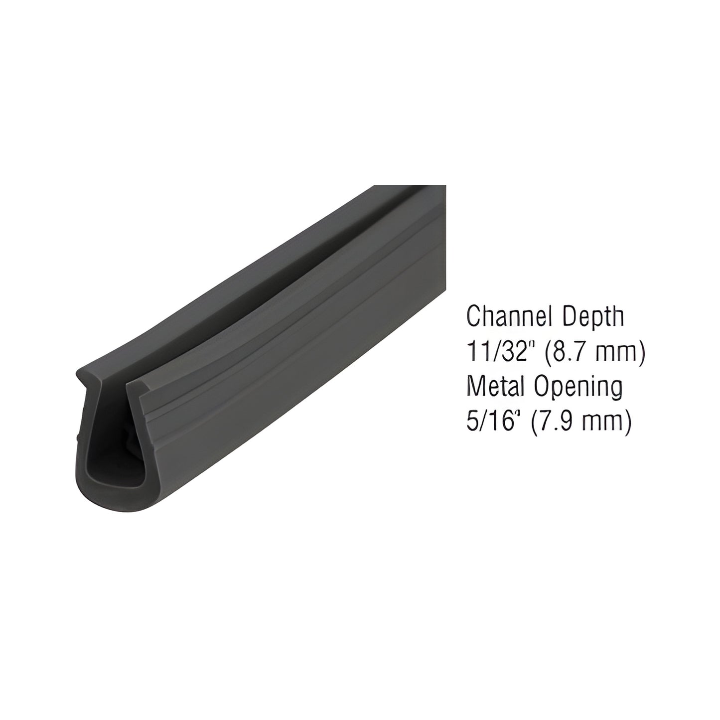 GC728BLC extruded gray glazing vinyl strip, U-shaped channel 11/32 depth, fits 5/16 metal opening