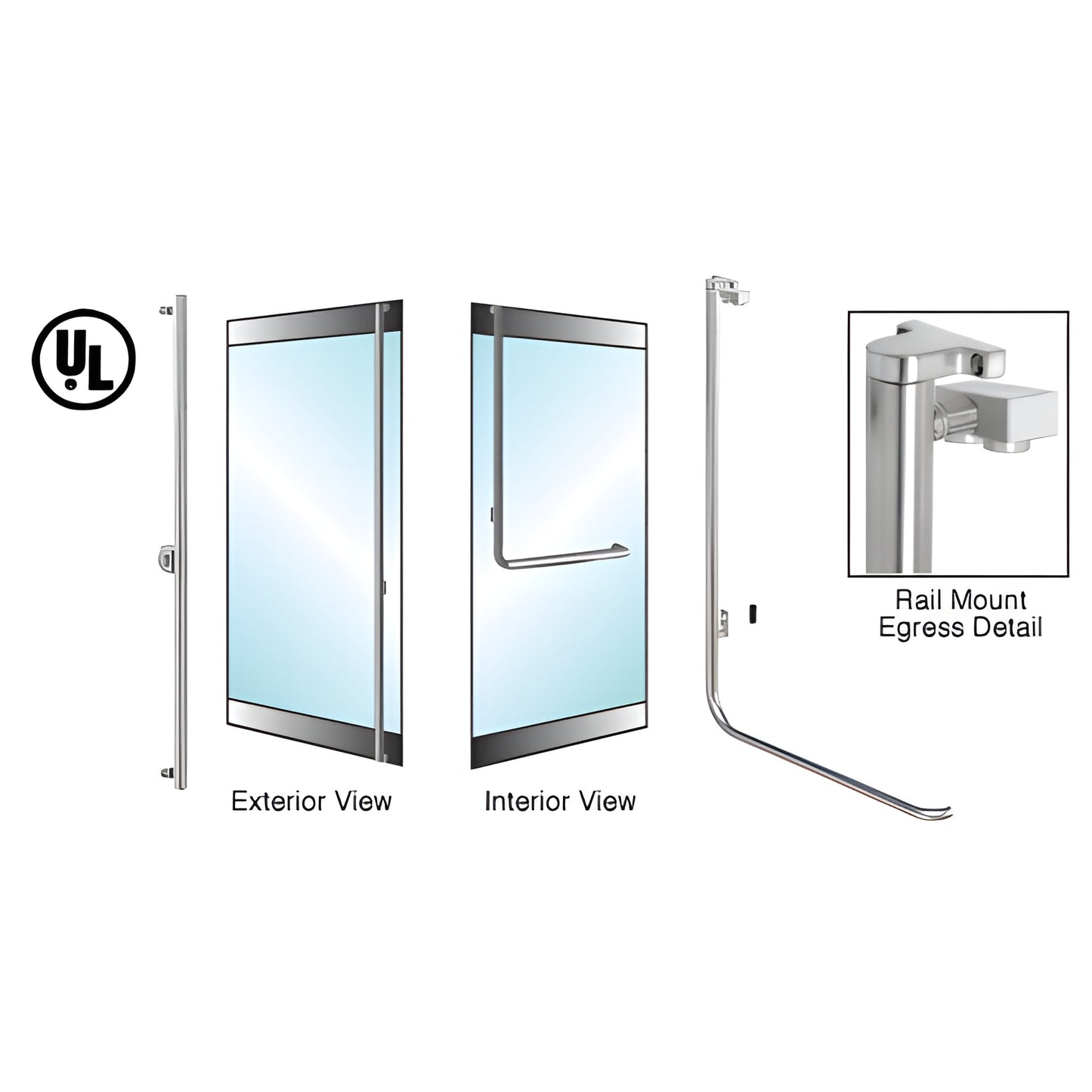 Rail-mount electronic egress panic bar, brushed stainless 1-1/4" dia for 5/8" glass doors, UL recognized - SKU 5E100F4RKBS