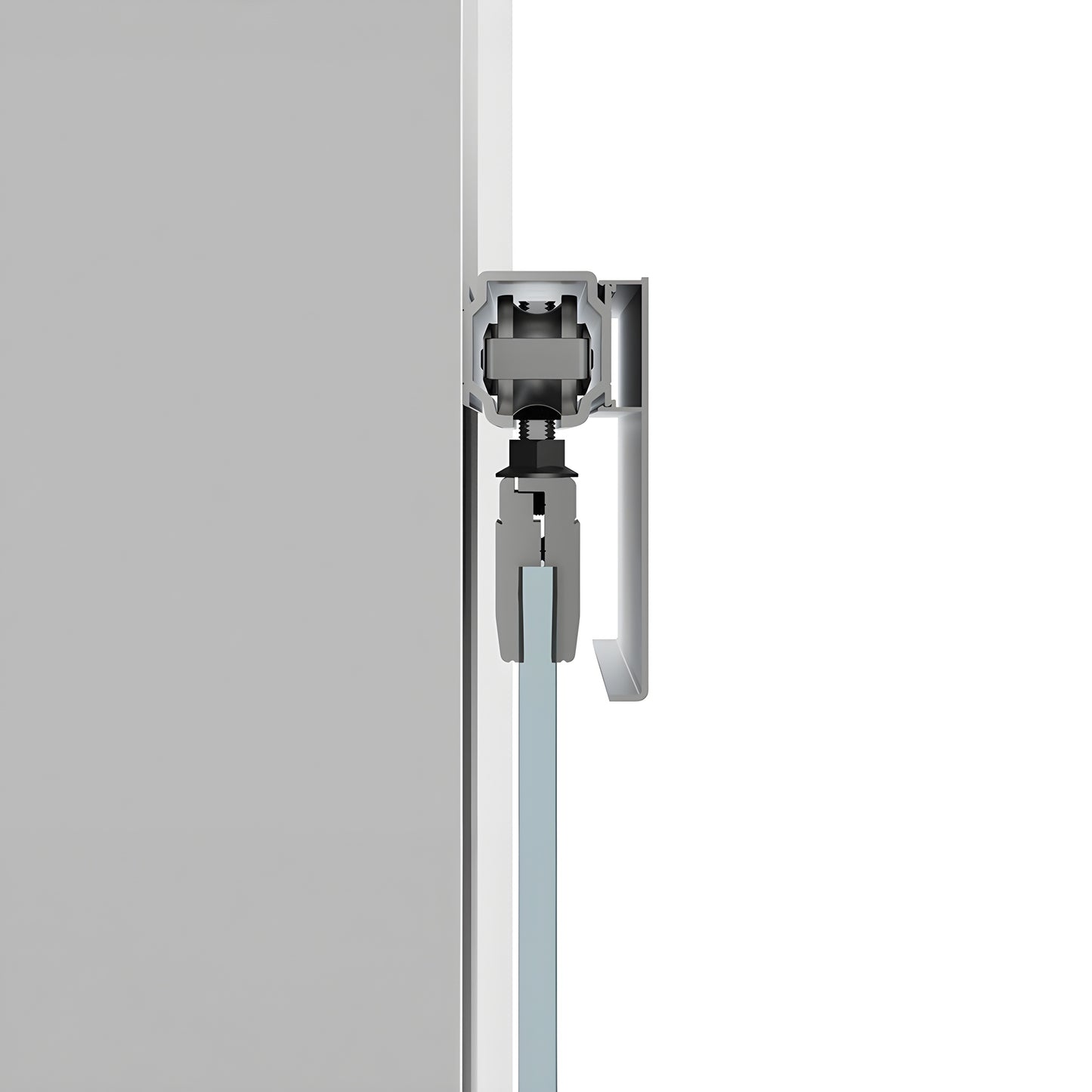 CRL70 satin-anodized top-hung sliding door kit, 118" track with tempered blue glass panel.