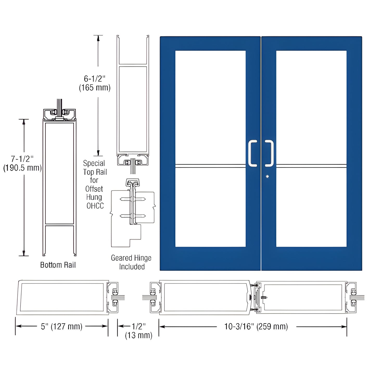 SKU HE52971: blue custom wide-stile double entrance door with large glass panels, 5" stiles and 7-1/2" bottom rail.