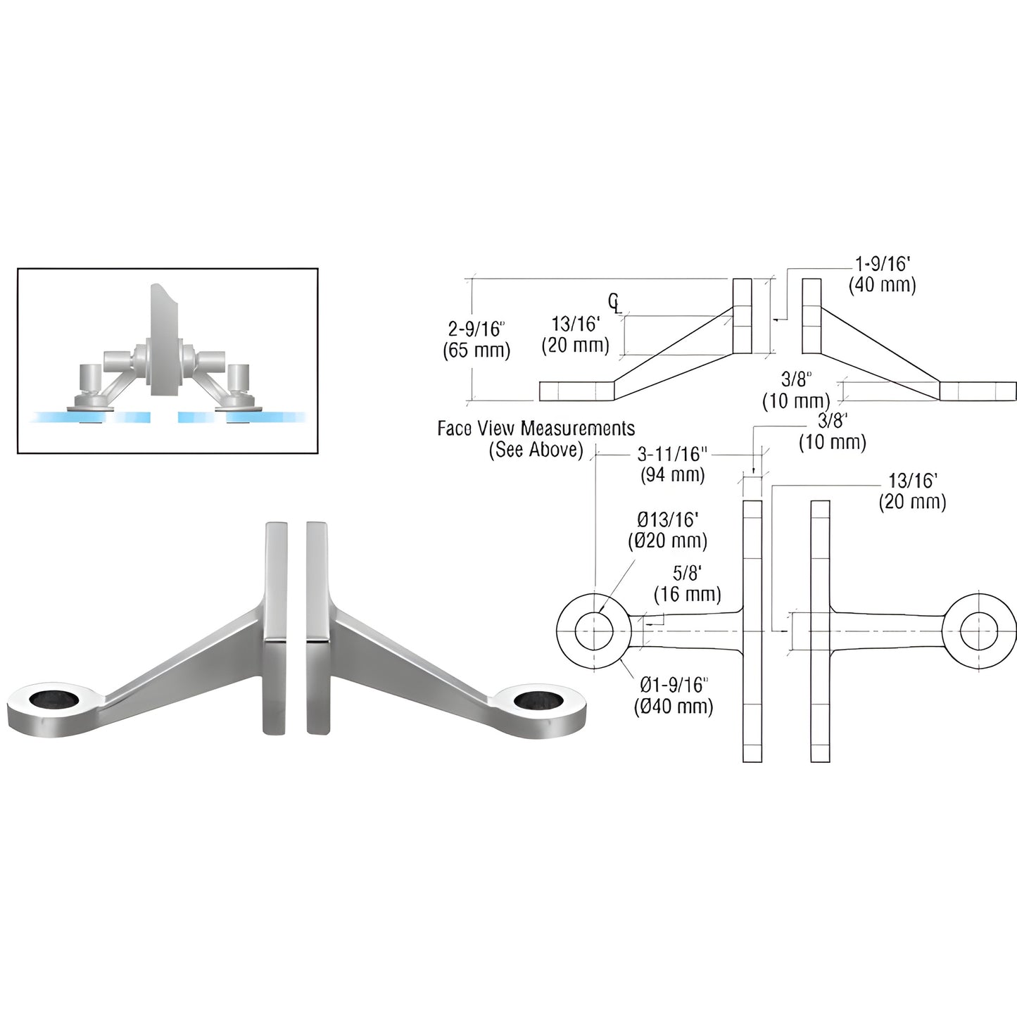 CRL FMH2BS stainless steel double-arm fitting for two inline glass panels; mounts to structural fin, fits up to 27mm glass.