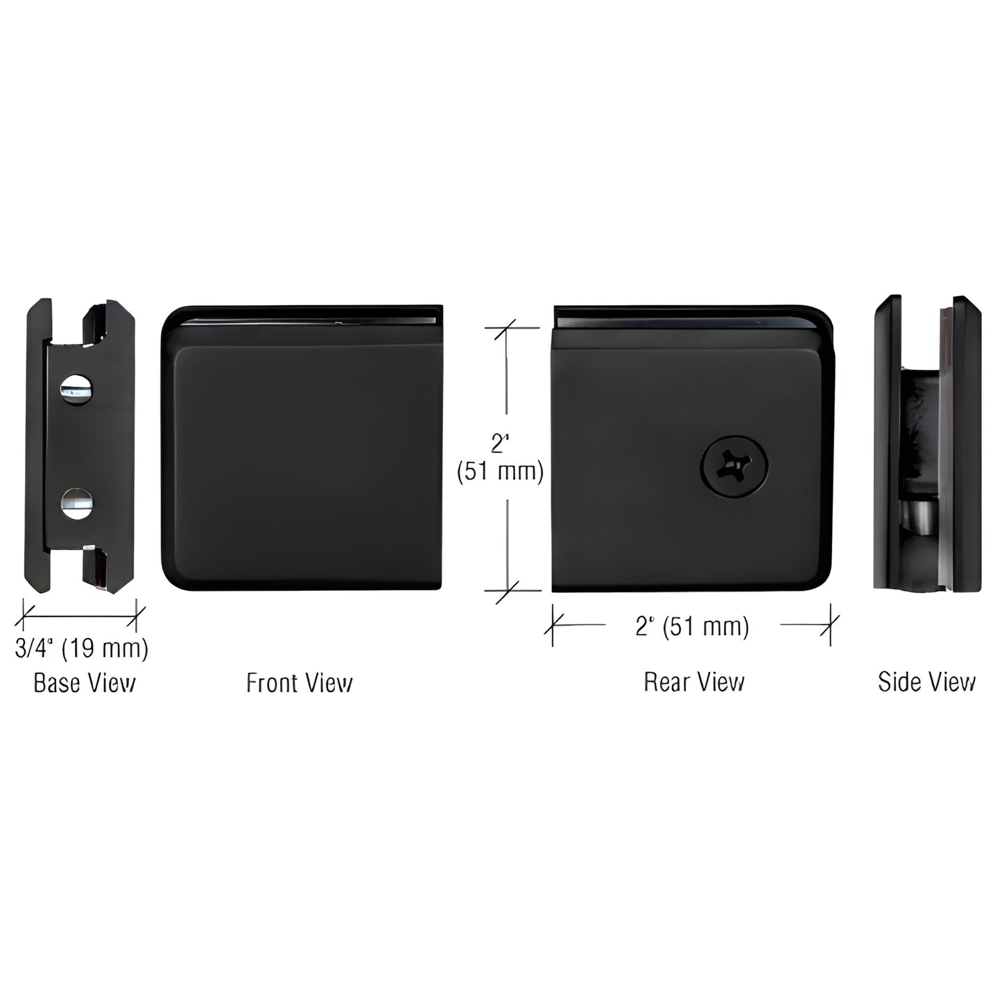 Matte black beveled brass wall-mount clamp BGCU1MBL for 3/8-1/2" glass, shown front/rear/side/base, 2" square.