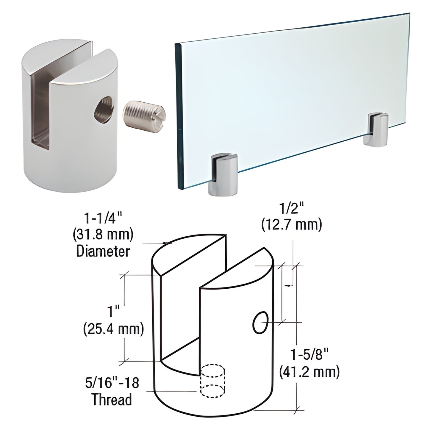 Polished chrome slot-mount standoff (SKU SM14CH) for 1/4" (6mm) glass - brass cylinder with slot, nylon-tip set screw.