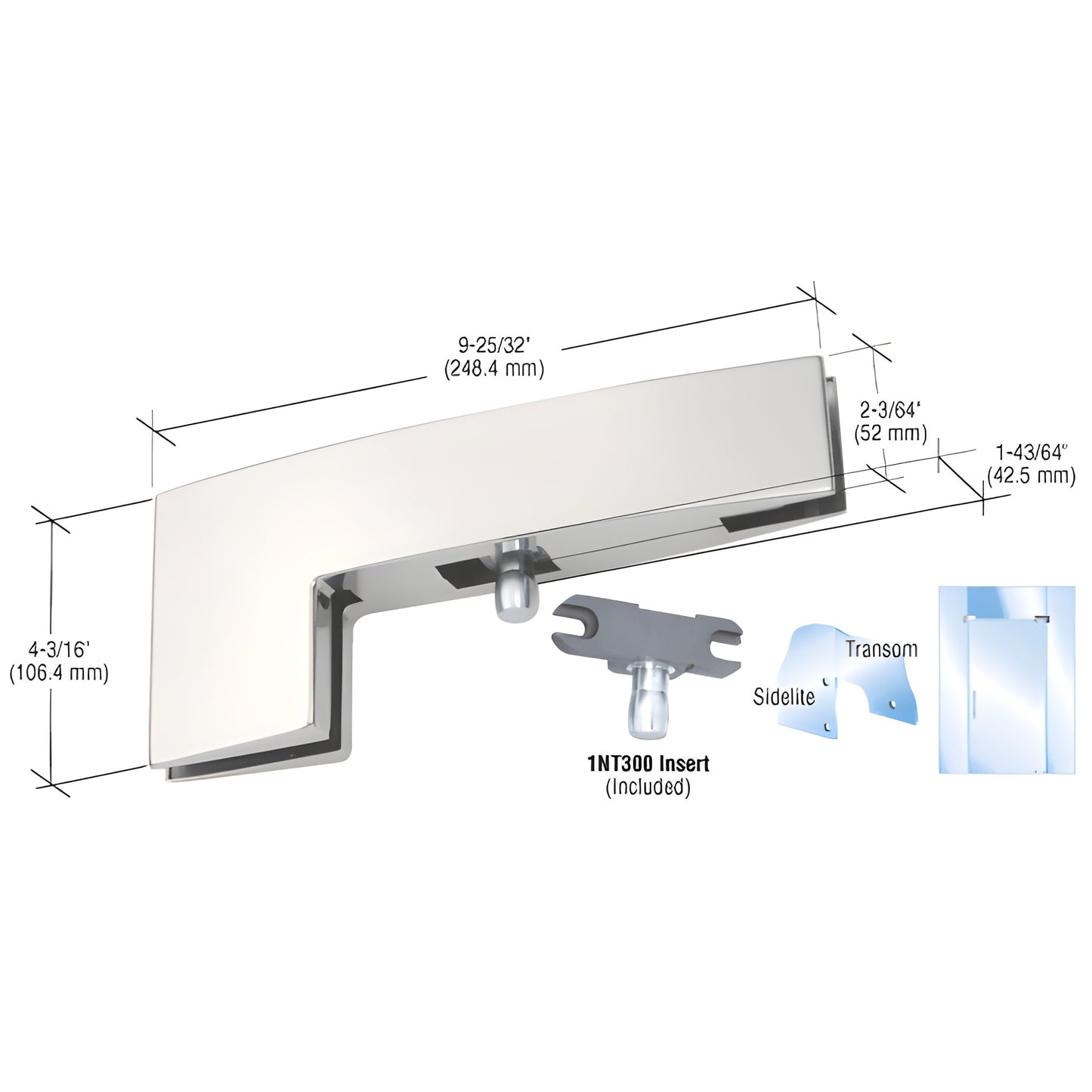 CPF40BS brushed stainless curved sidelite-mounted transom patch for 3/8-1/2 frameless glass doors, includes 1NT300 insert