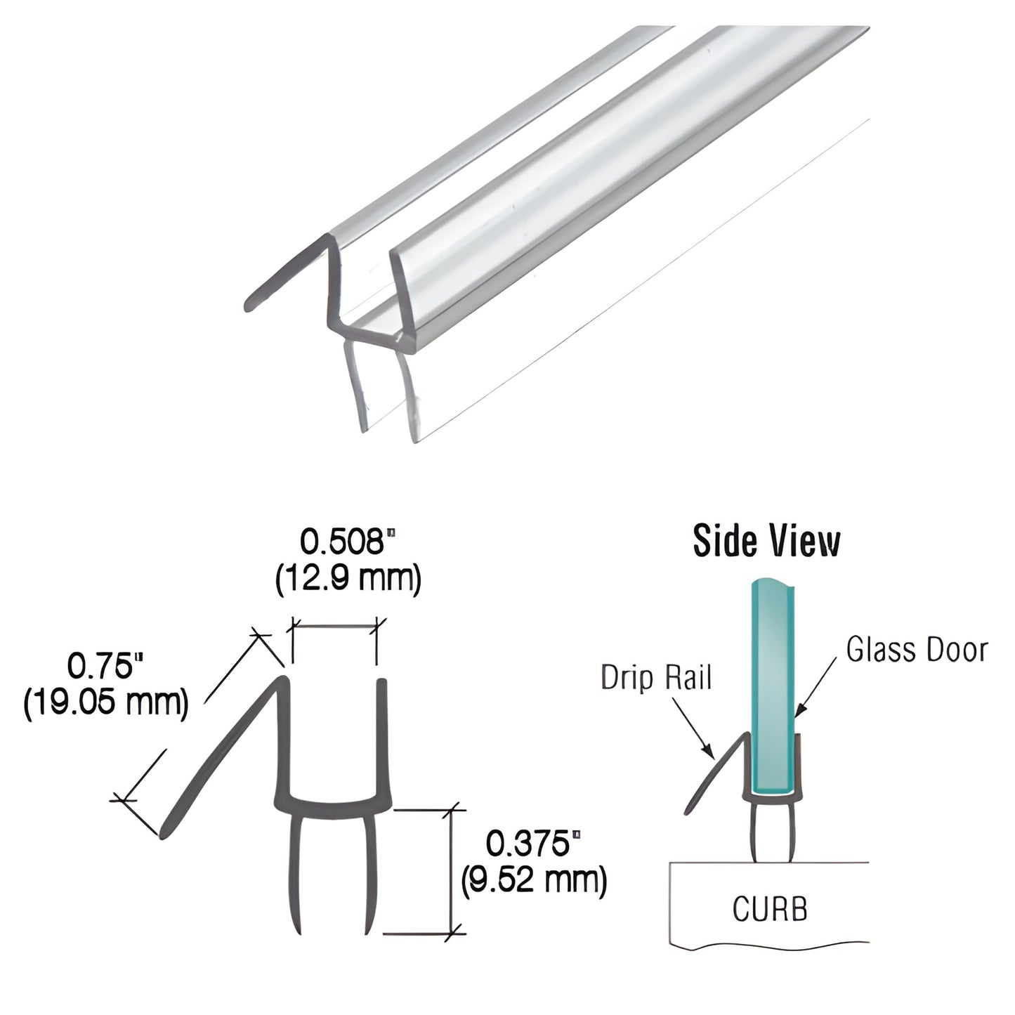 CRL P912WS clear polycarbonate shower door bottom wipe with 45 drip rail; snaps on, 95" long, for 12mm glass
