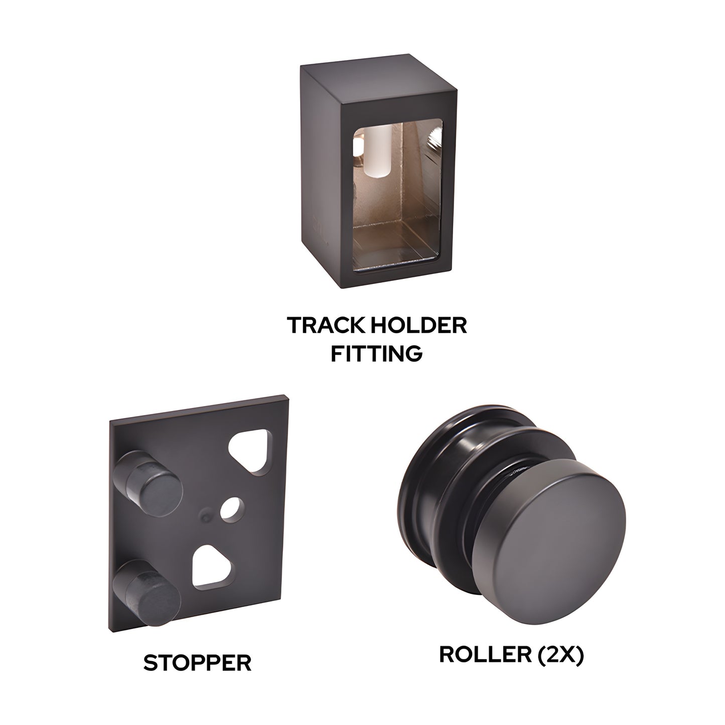 Brixen matte black stainless steel sliding shower door replacement kit - two rollers, wall bracket and stopper (BRXHDWKMBL)