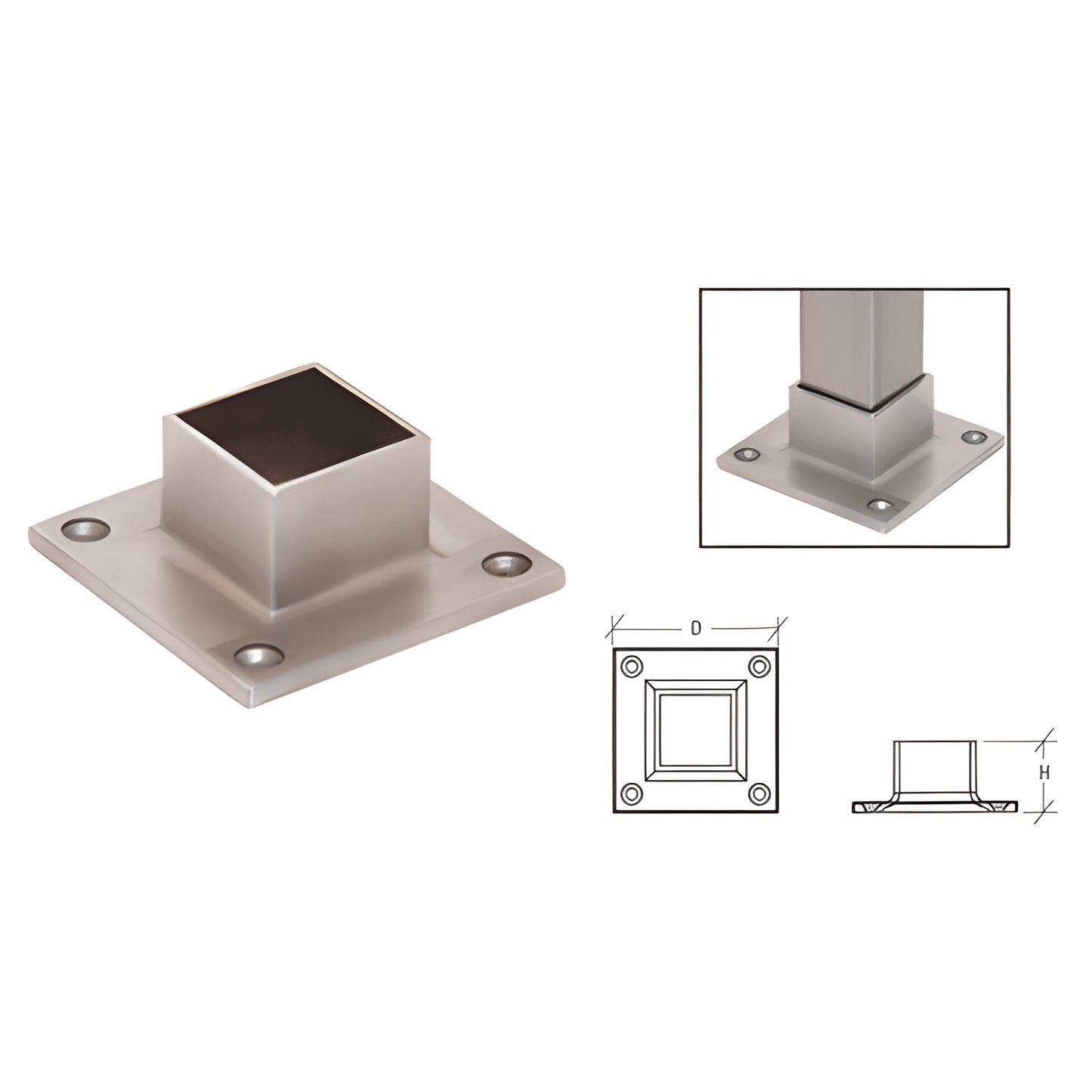 Brushed stainless steel full flange for 1-1/2" (38 mm) square tubing, 4-hole base, SKU HR15SYBS