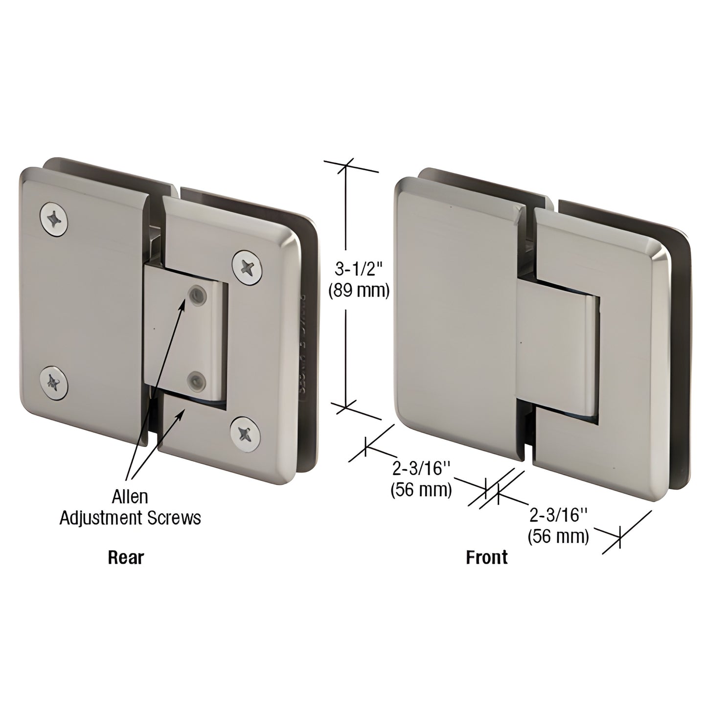 Pinnacle adjustable glass-to-glass shower hinge, brushed nickel, 3-1/2" x 2-3/16", SKU P1N380BN