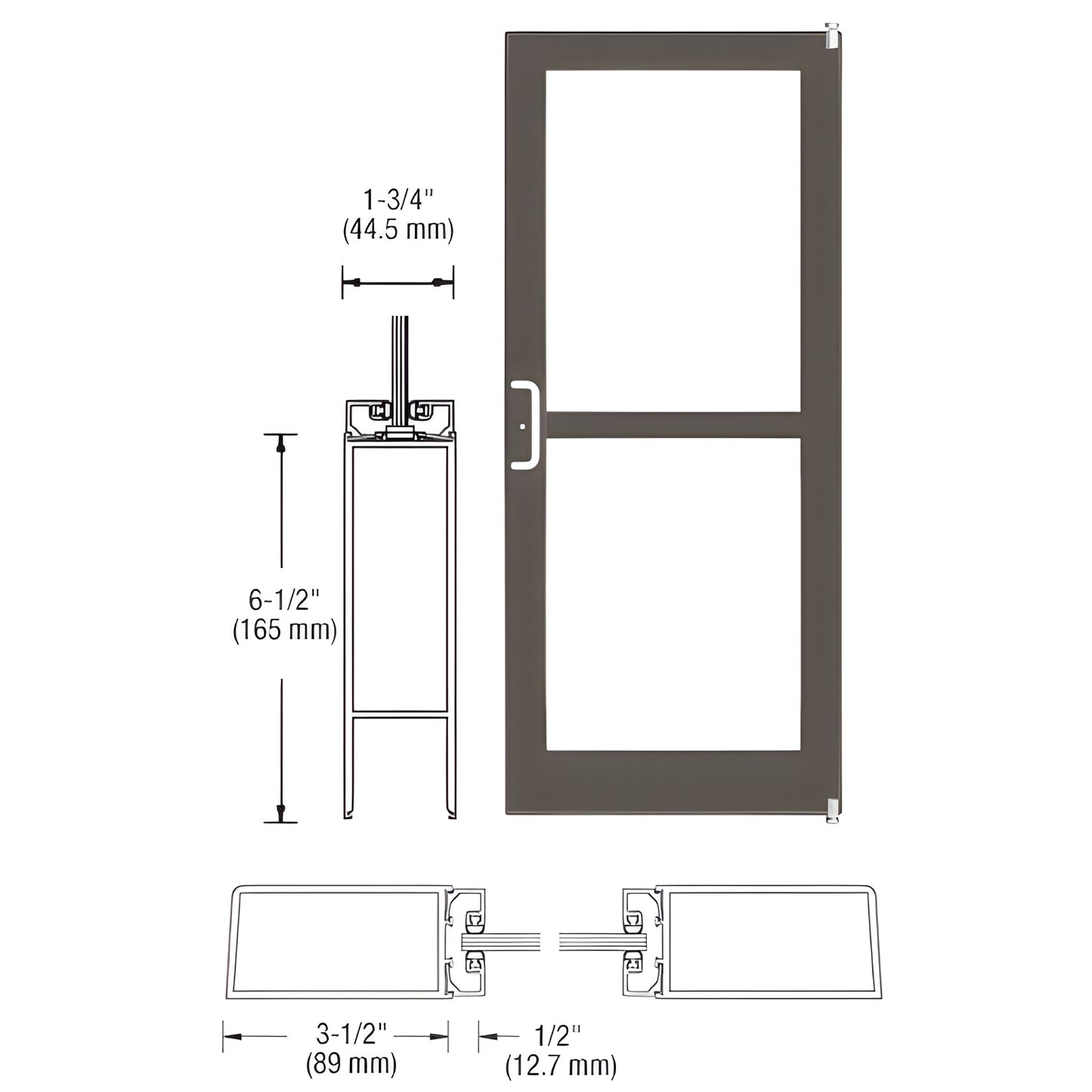 CRL offset pivot entrance door DR41222L036, black bronze anodized, 3-1/2" stiles, 6-1/2" bottom rail, fits 1/4" tempered glas
