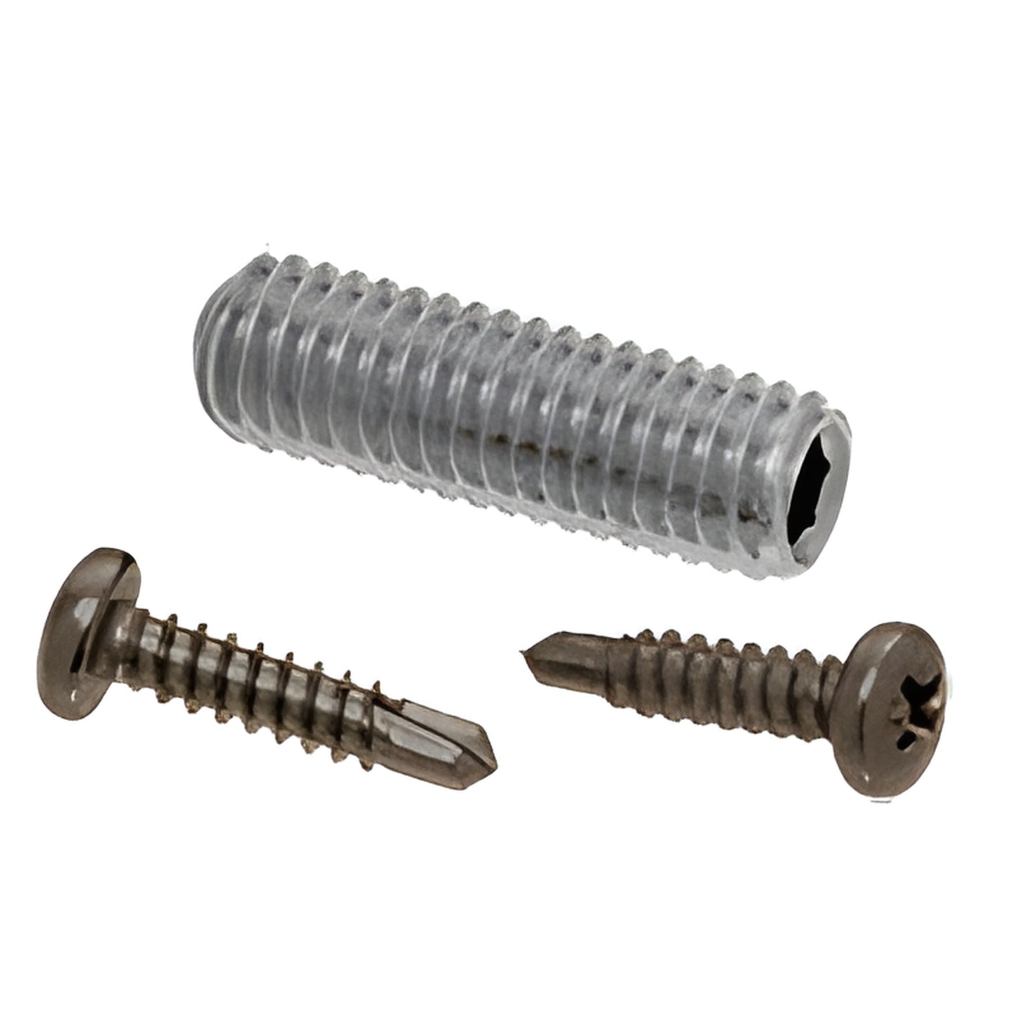RSP2DU screw pack: two dark bronze self-drilling Phillips screws and one stainless 3/8-16 Allen set screw