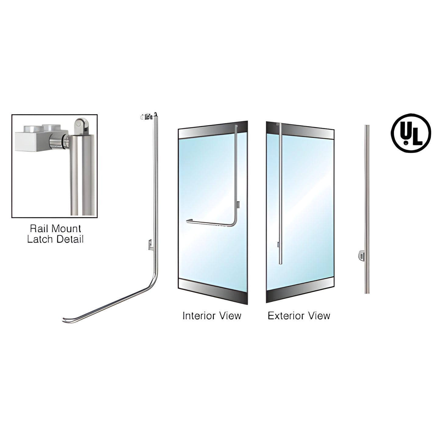 PA100 series brushed stainless 1-1/4 in tubular panic handle for tempered glass doors, rail-mount latch, UL certified - SKU 5