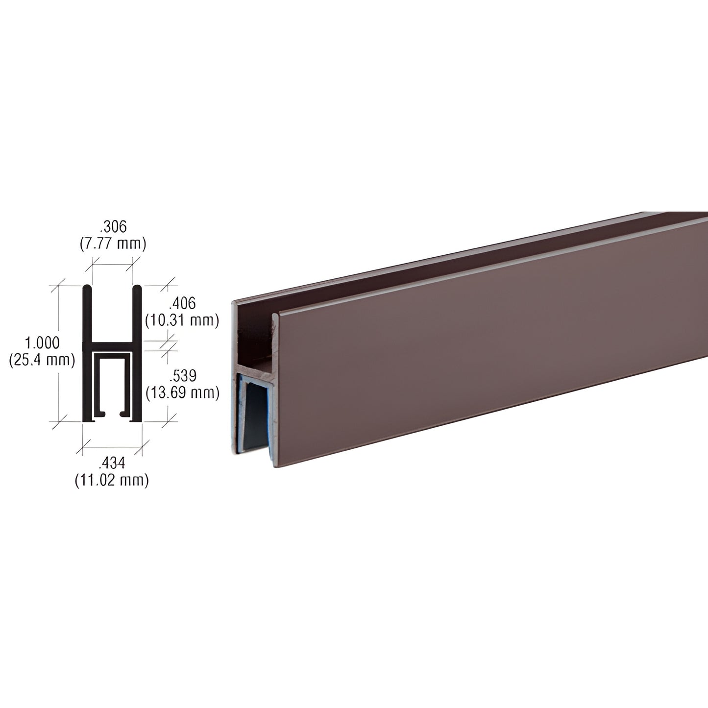 D1611DU aluminum H bar, Duranodic bronze anodized, 1 in. tall profile with plastic liner for top-hung sliding doors