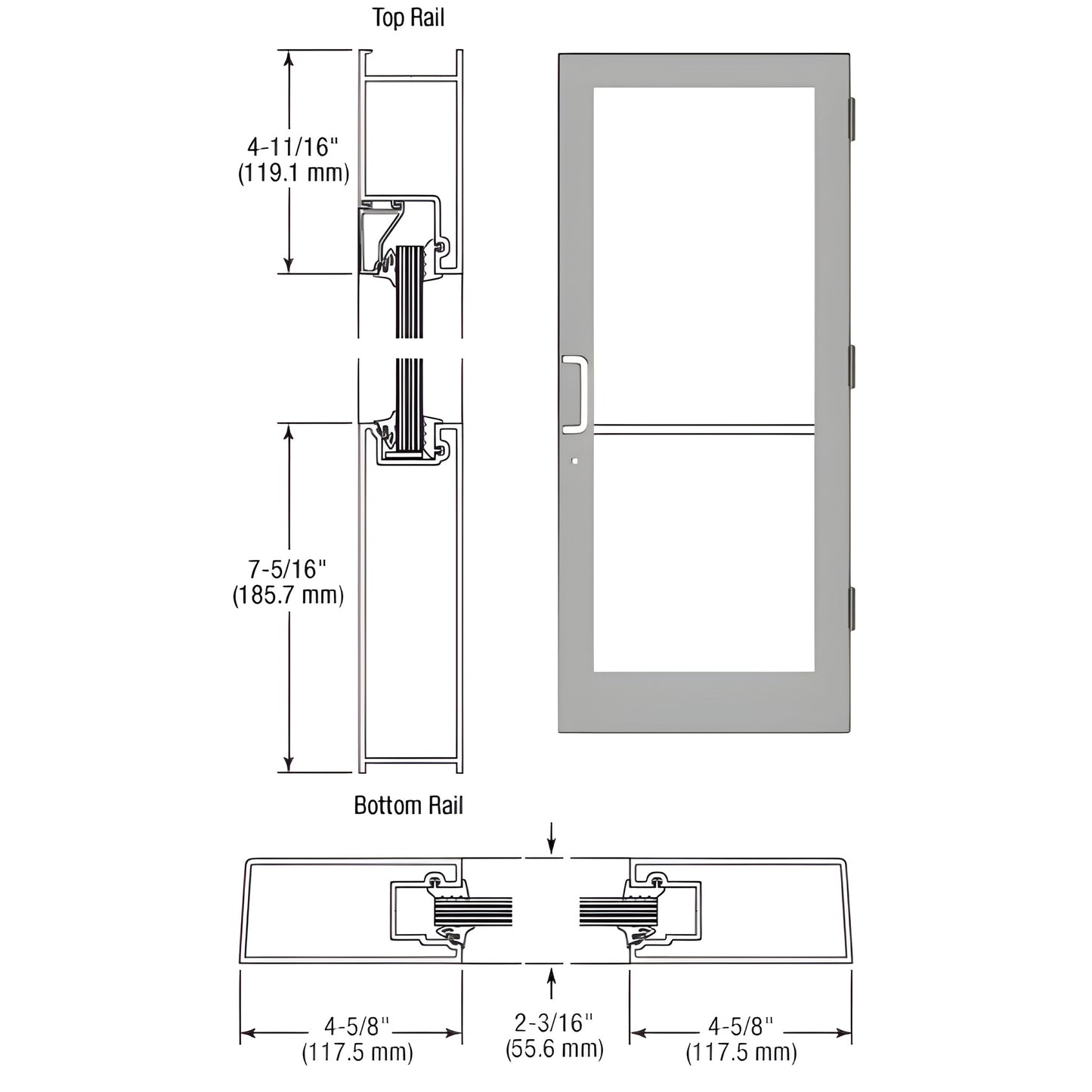 SF41511 Clear anodized medium-stile hurricane-impact entrance door with glass, push/pull hardware, deadbolt, keyed cylinder.