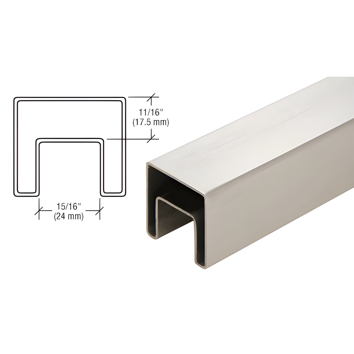 SRF15BS brushed stainless 1-1/2" square cap rail for 1/2-27/32" glass, 316 stainless, cut-end profile