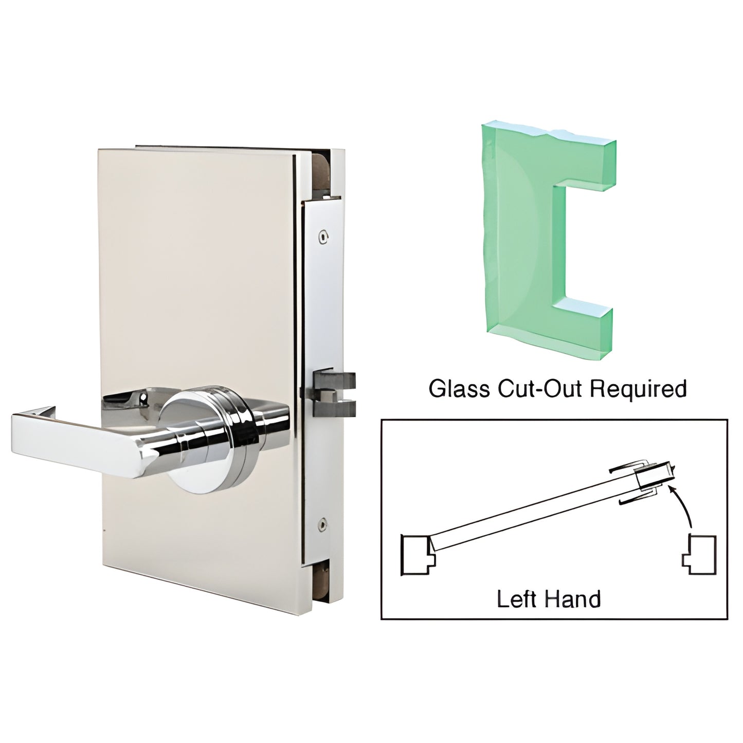 Polished stainless steel 6x10 center deadlatch for 1/2" glass door, left-hand (SKU DL610LPPS)