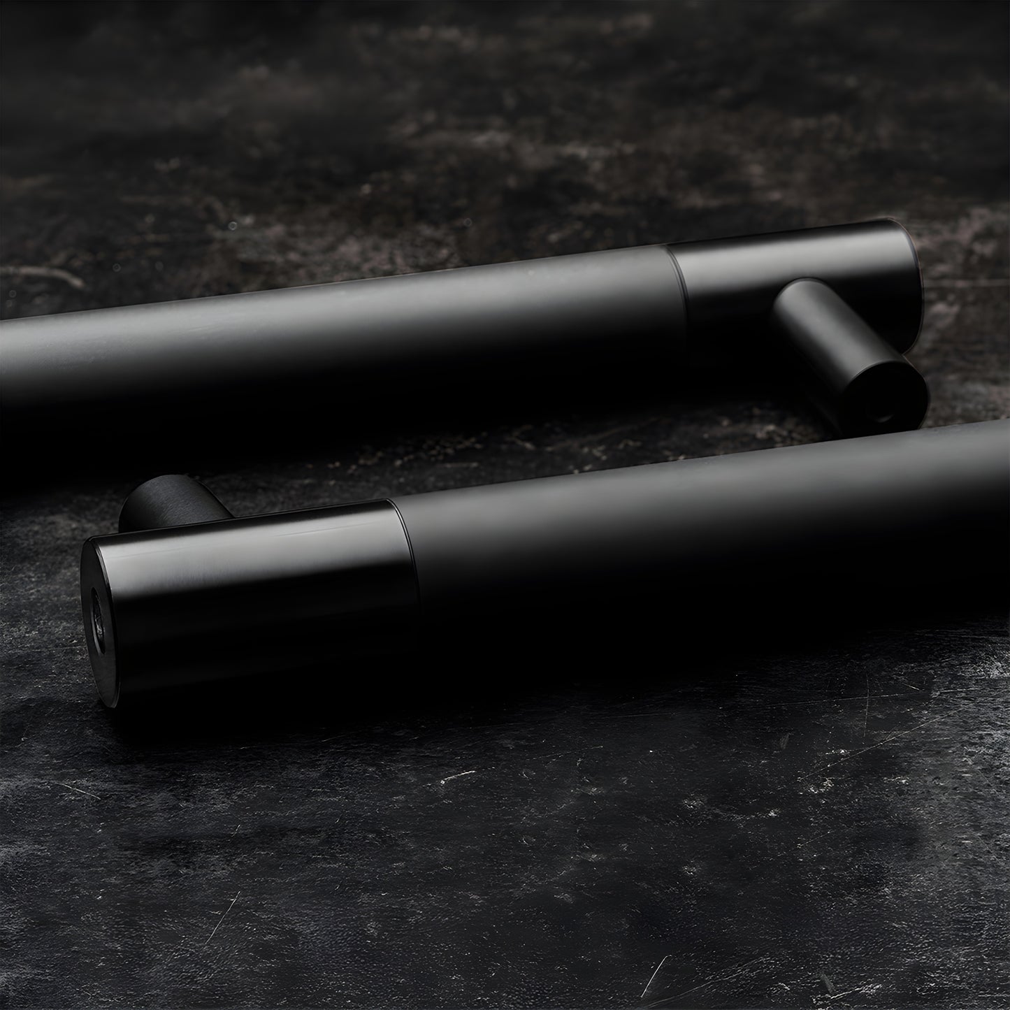 Black stainless Latitude 34 double-sided mounted cylindrical posts with connecting rod, 48in overall (LAT34LP48BLS)