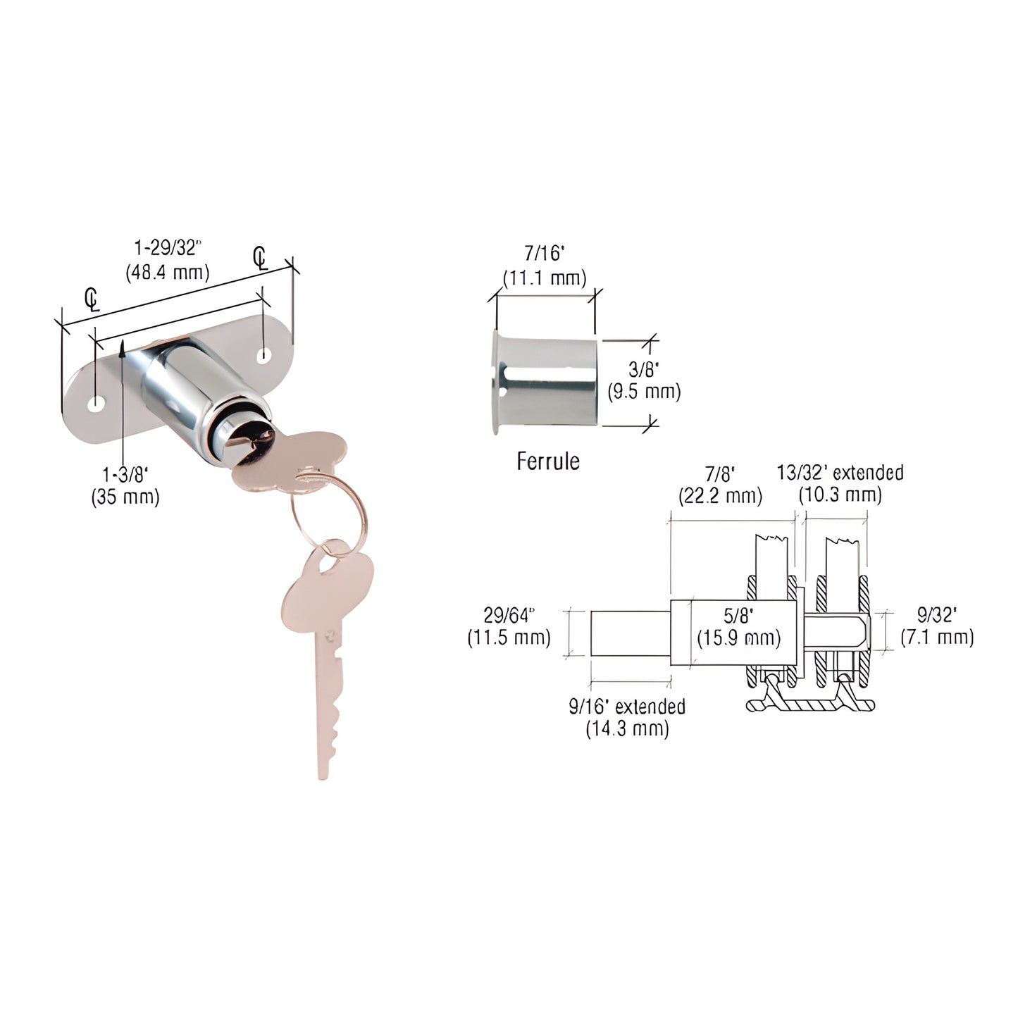 CRL SKU 981 polished chrome brass track plunger lock with key and ferrule, low-profile sliding door lock and dimensions diagr