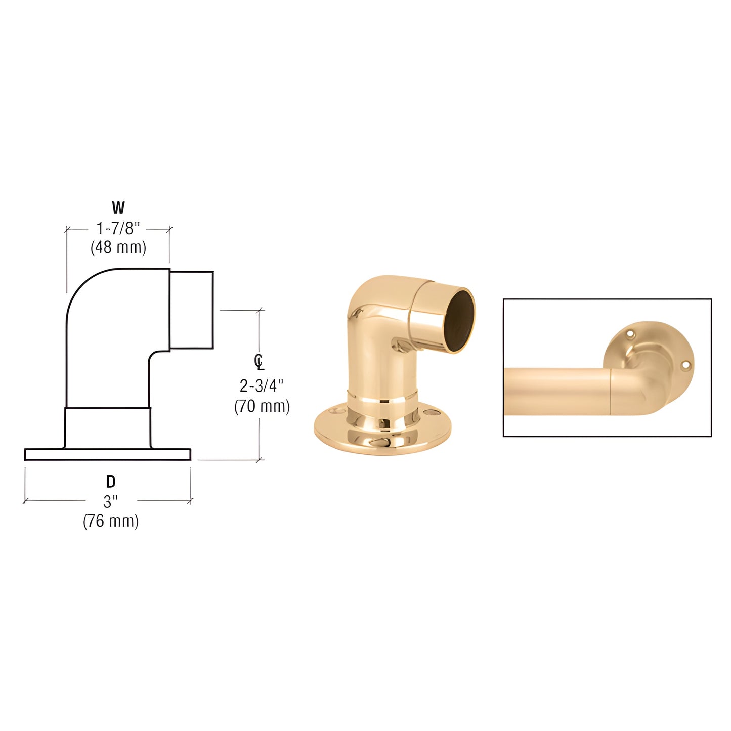 Polished brass 90 flush wall handrail return with 3 in round flange (HR15QPB)