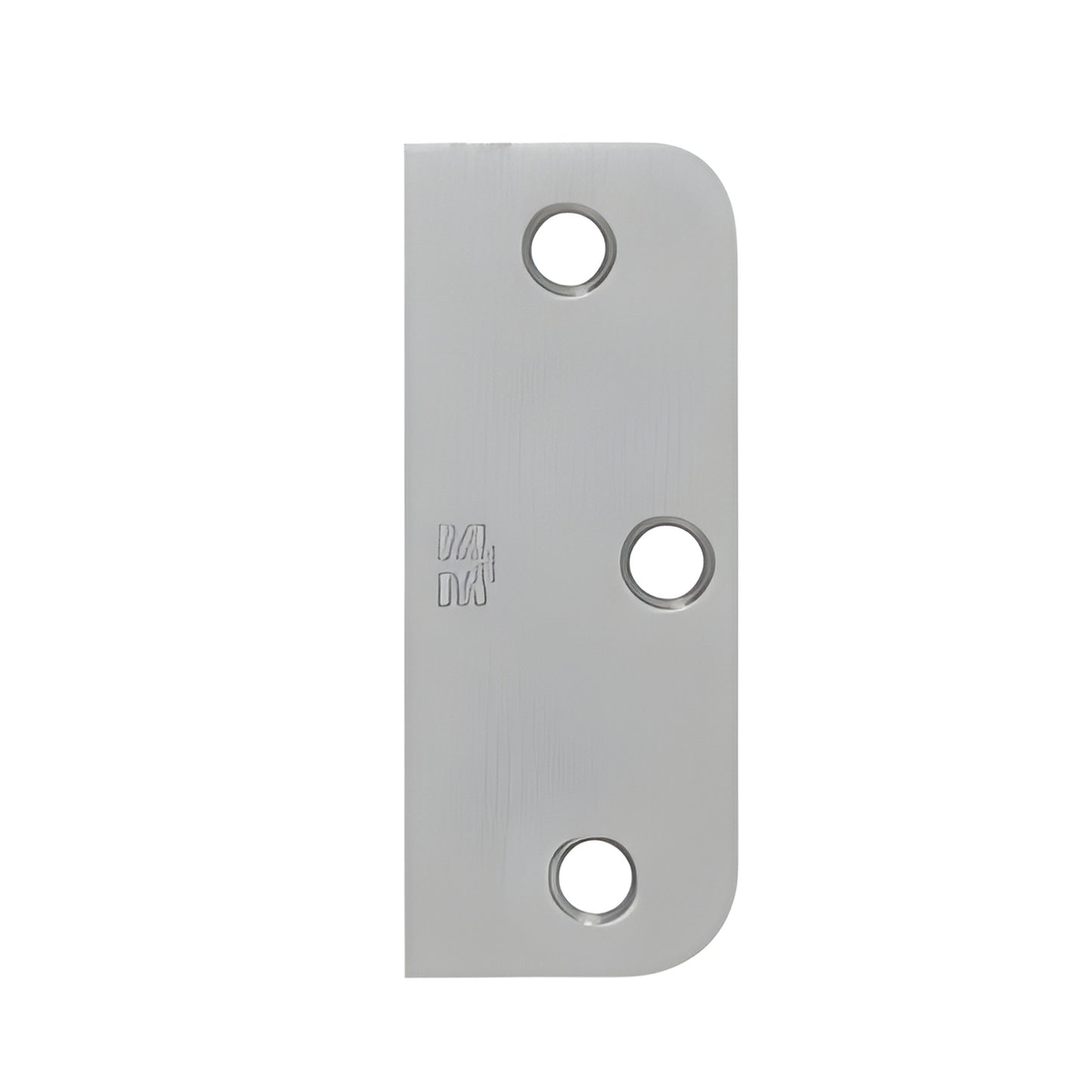 Dull chrome hinge filler plate with three countersunk holes, rounded corner, 3-1/2" height, SKU F35826D