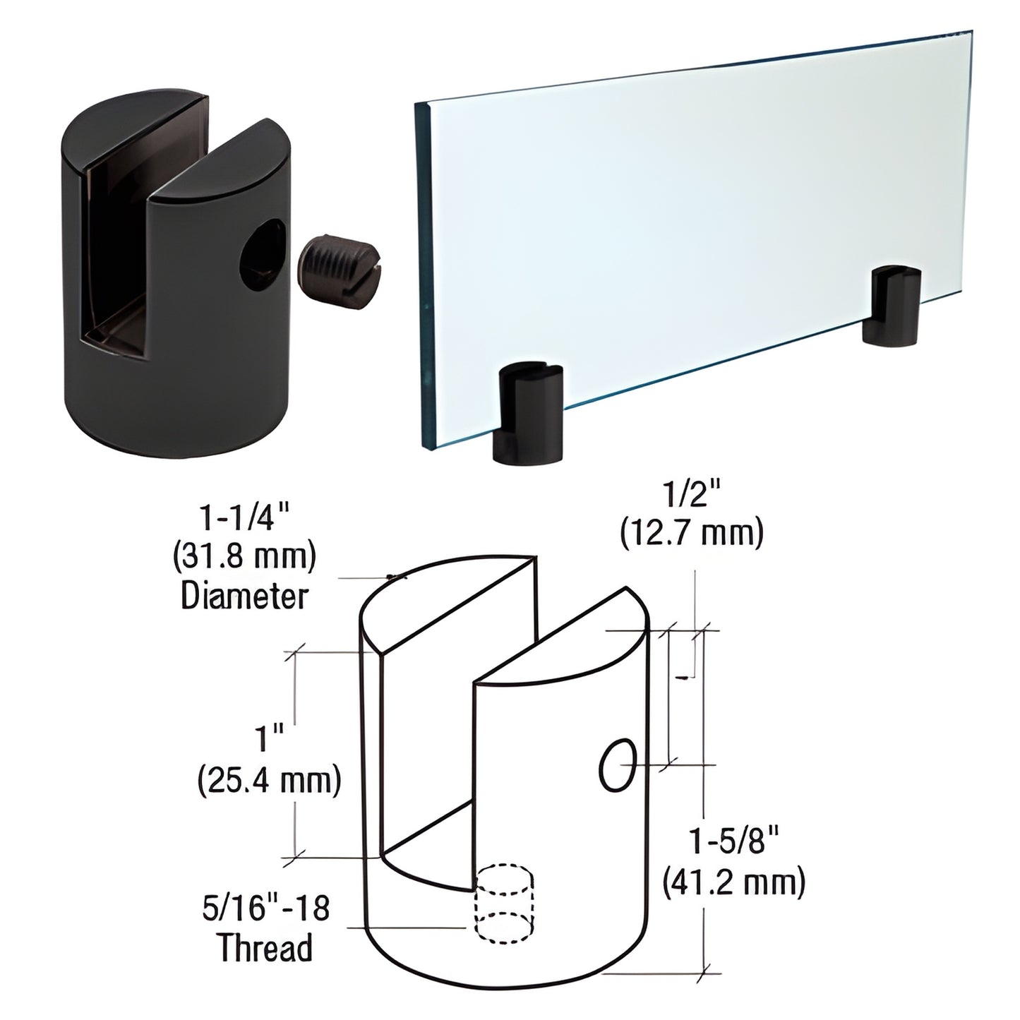 Matte black slot-mount standoff for 3/8" (10mm) glass or signage, 1-1/4" diameter, nylon-tip set screw included.