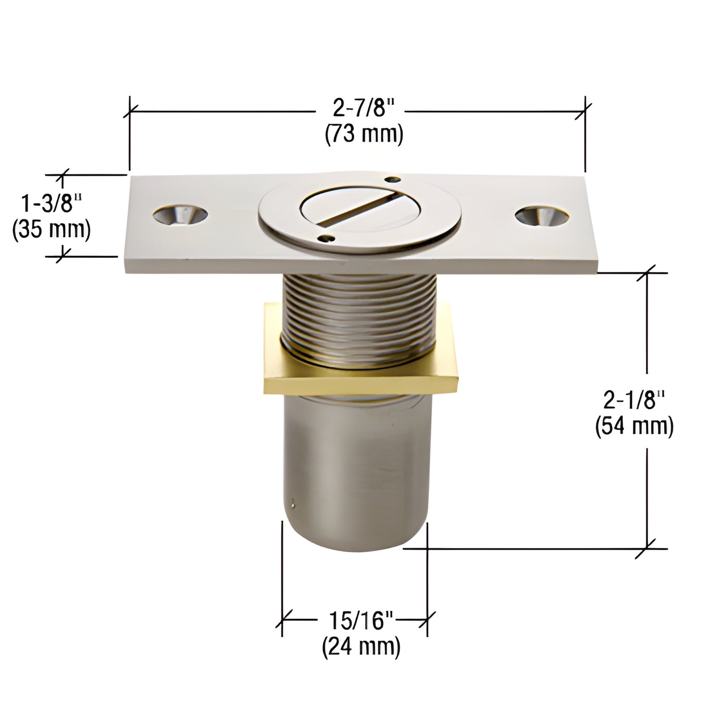 AMR209BN brushed-nickel floor dustproof keeper with mount plate, accepts 5/8 plunger; dimensions labeled.