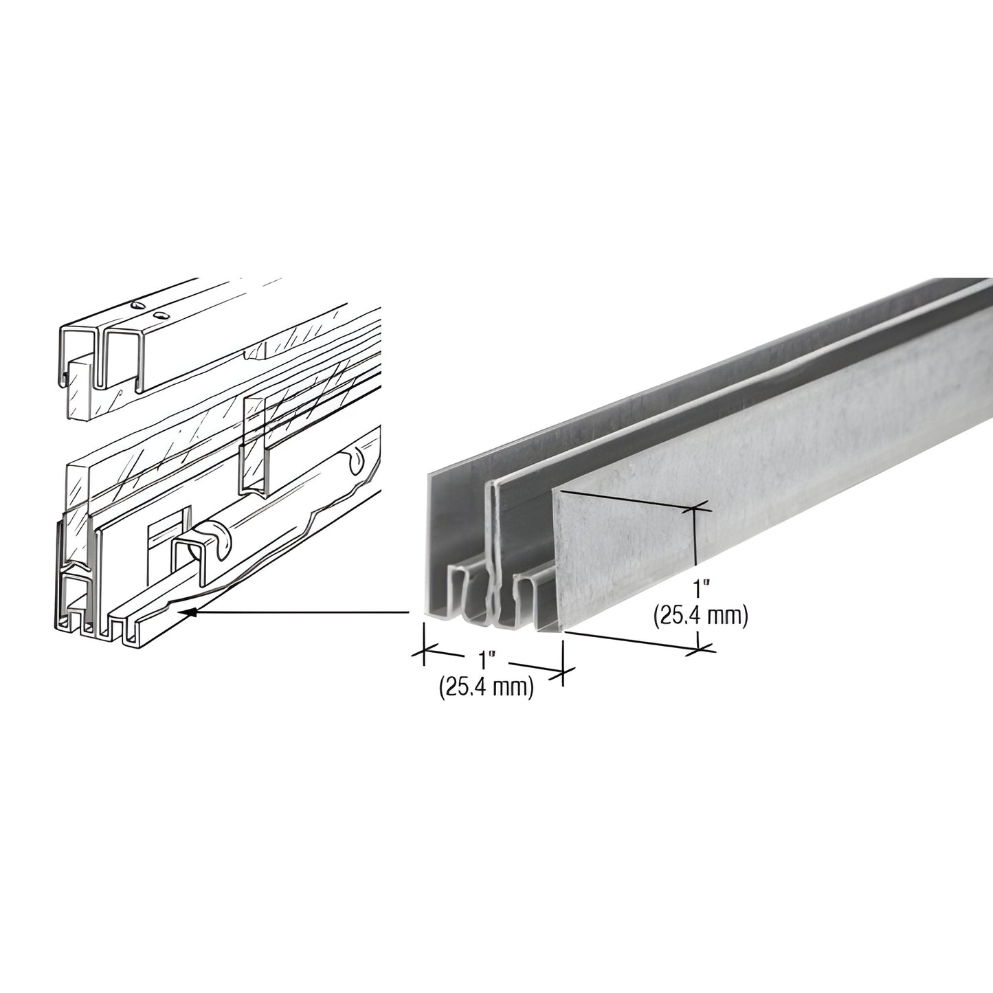 KV999 zinc-plated steel double lower track, 1 in x 144 in, for Roll-EZY ball-bearing sliding doors