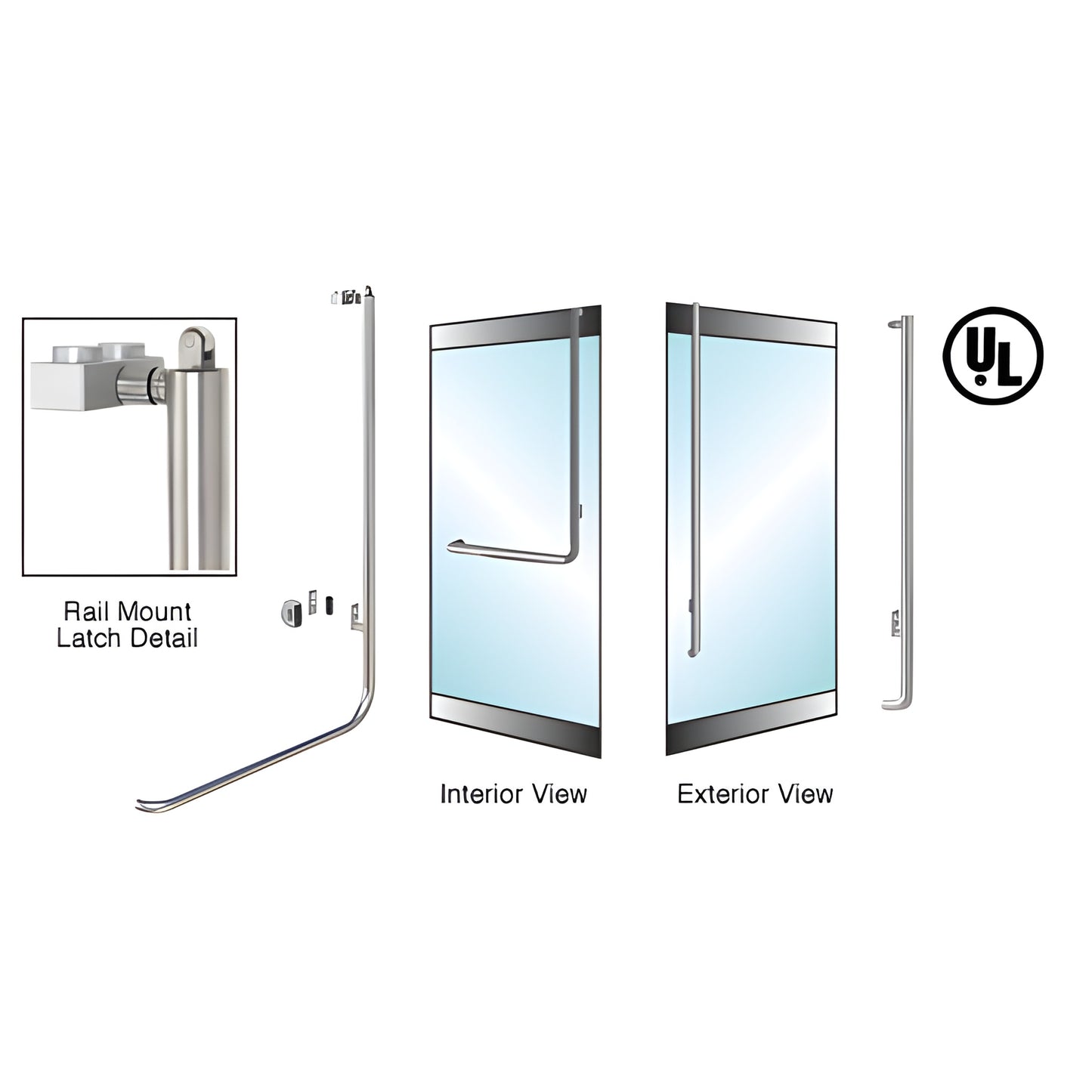 Brushed stainless steel PA100 rail-mount panic handle for 3/4" tempered glass doors, 1-1/4" tube - SKU 3P100L3RKBS