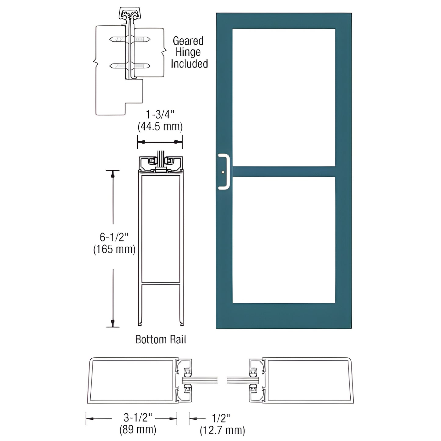 Custom Kynar teal medium-stile commercial entrance door SKU DZ41871, two-lite with 6-1/2" bottom rail, prepped for panic hard