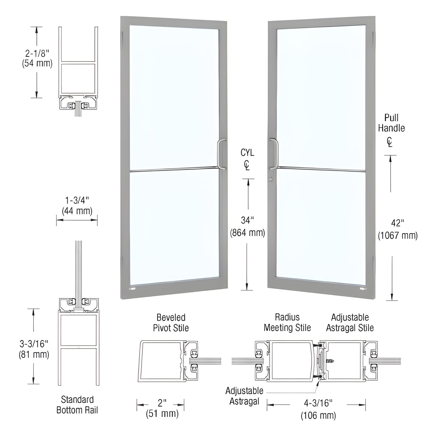 SR22511 clear anodized narrow stile commercial entrance door with glass, adjustable astragal and pivot stile