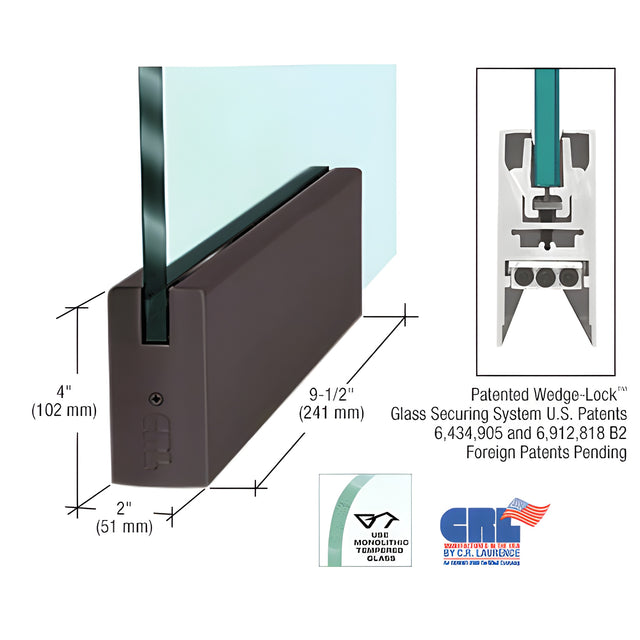 Black Bronze Anodized 4" Square DRS Door Rail Without Lock for 1/2" Glass - 9-1/2" Length