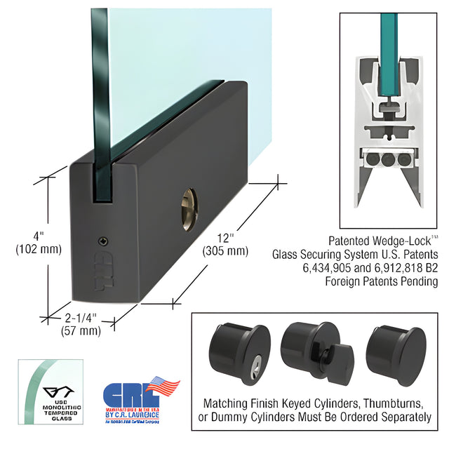 Black Powder Coated 4" Square DRS Door Rail With Lock for 5/8" Glass - 12" Length