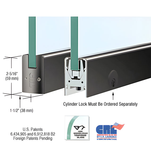Black Powder Coated Low Profile Square DRS Door Patch Rail With Lock for 3/8" Glass - 8" Length