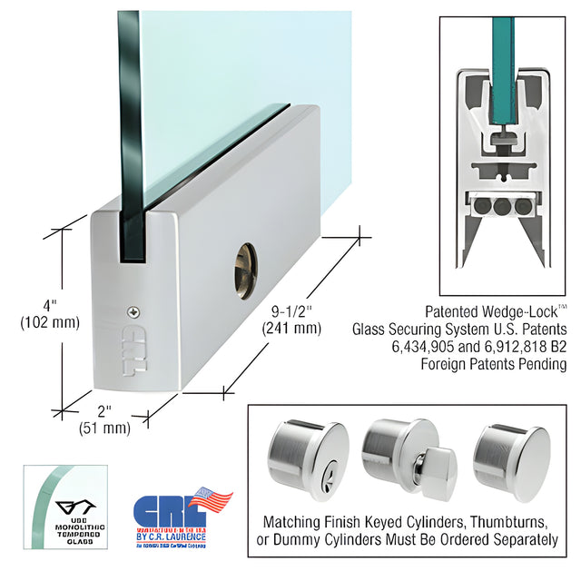 Brushed Stainless 4" Square DRS Door Rail With Lock for 1/2" Glass - 9-1/2" Length