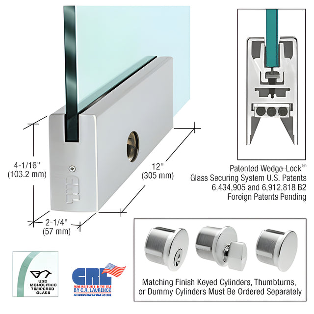 Brushed Stainless 4" Square DRS Door Rail With Lock for 5/8" Glass - 12" Length