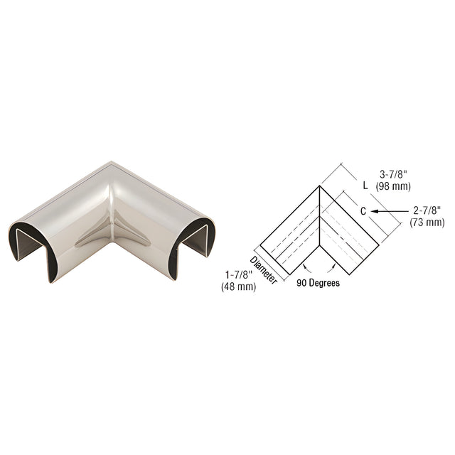CRL 1-7/8" 316 Polished Stainless Steel 90 Degree Horizontal Roll Formed Cap Rails Corner