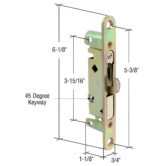 CRL 3/4" Wide Mortise Lock 5-3/8" with Screw Holes with 45 Degree Keyway
