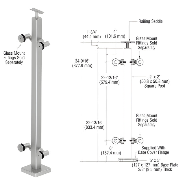 CRL 316 Brushed Stainless 36" P1 Series 180 Degree Center Post Railing Kit
