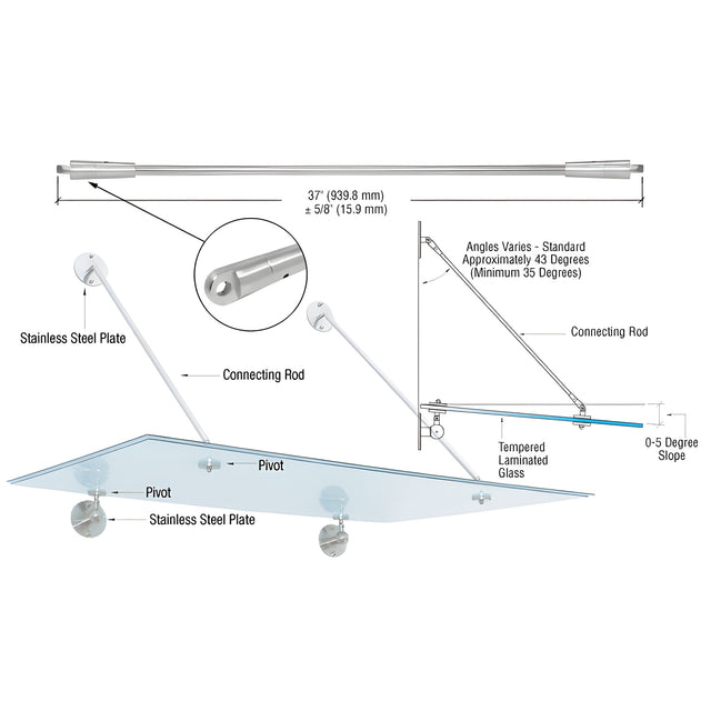 CRL 316 Brushed Stainless 37" Glass Awning System Connecting Rod for 36" Wide Panels