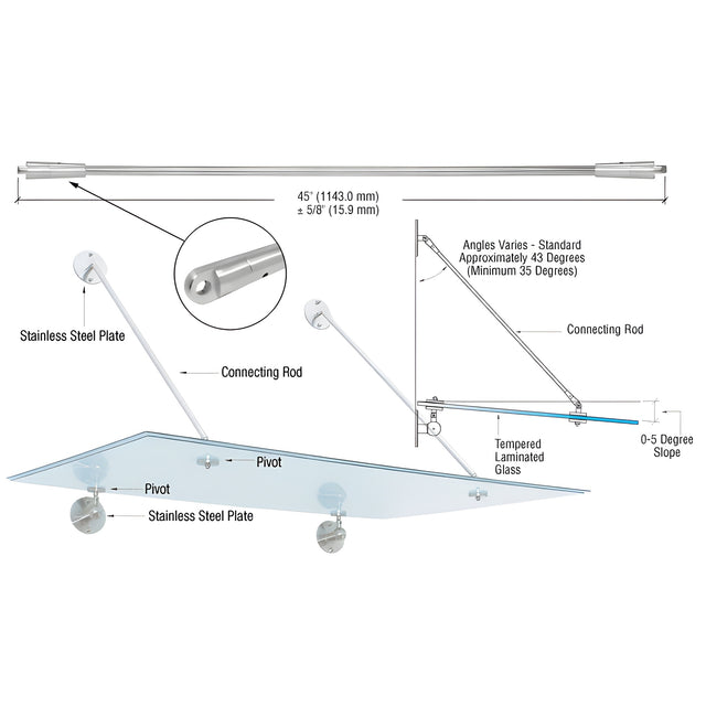 CRL 316 Brushed Stainless 45" Glass Awning System Connecting Rod for 42" Wide Panels