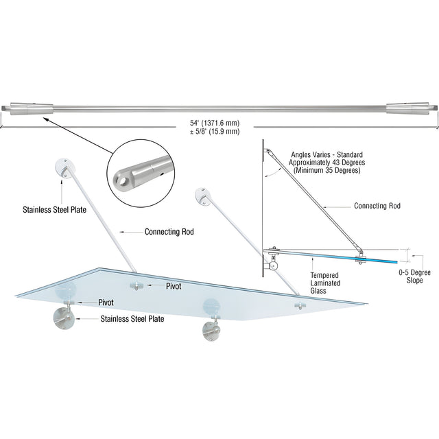 CRL 316 Brushed Stainless 54" Glass Awning System Connecting Rod for 48" Wide Panels