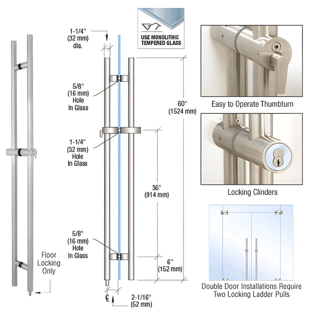 CRL 316 Brushed Stainless 60" Locking Ladder Pull