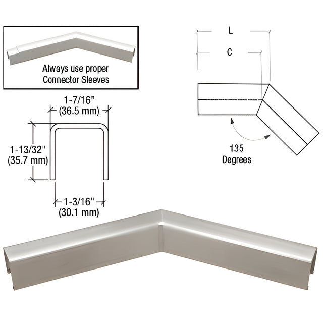 CRL 316 Brushed Stainless L10 Series U-Channel 135 Degree Horizontal Corner for 21.52 mm Laminated Glass Cap Railing