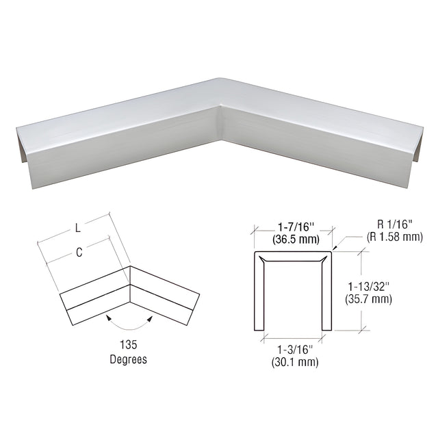 CRL 316 Brushed Stainless L10 Series U-Channel 135 Degree Horizontal Corner for 21.52 mm Laminated Glass Cap Railing