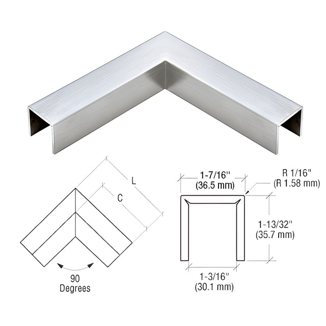 CRL 316 Brushed Stainless LC10 Series Crisp Corner U-Channel 90 Degree Horizontal Corner for 21.52 mm Glass Cap Railing