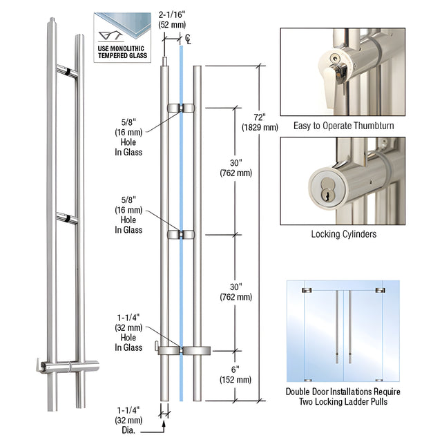 CRL 316 Polished Stainless 72" Upwards Locking Ladder Pull