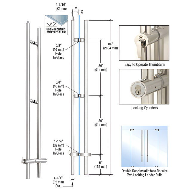 CRL 316 Polished Stainless 84" Upwards Locking Ladder Pull