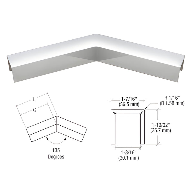 CRL 316 Polished Stainless L10 Series U-Channel 135 Degree Horizontal Corner for 21.52 mm Laminated Glass Cap Railing