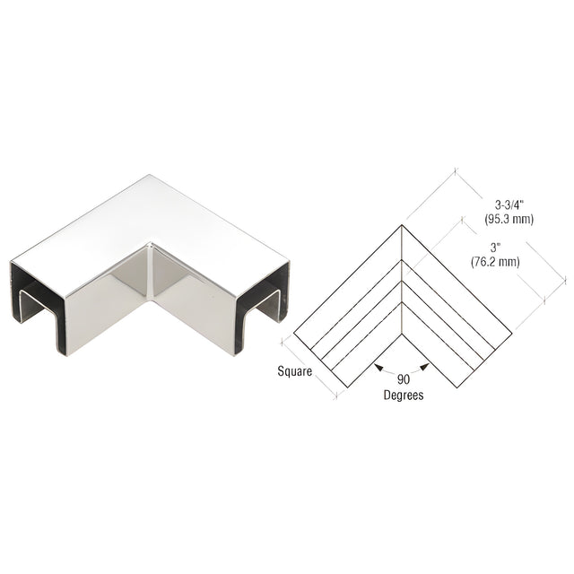 CRL 316 Polished Stainless Steel 90 Degree Horizontal Roll Formed Cap Rail Corners